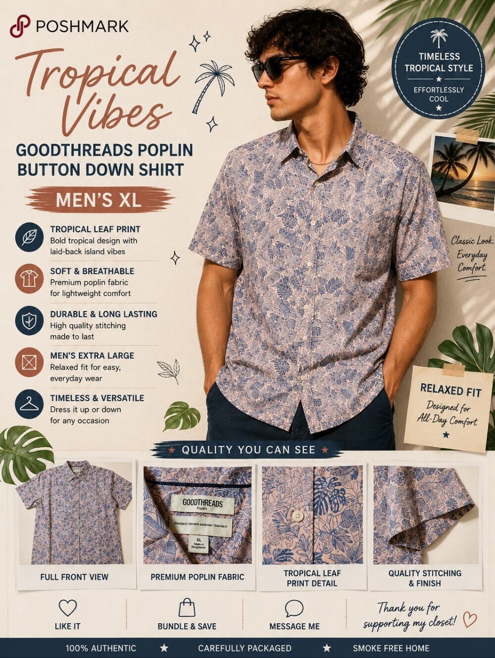 Goodthreads Poplin Tropical Print Button-Down Shirt XL NWT | Pink Blue Leaves